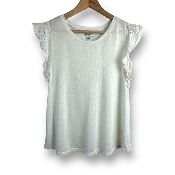 Love Fire Women's L Eyelet Lace Flutter Sleeve Blouse White 100% Cotton Preppy - Picture 1 of 8